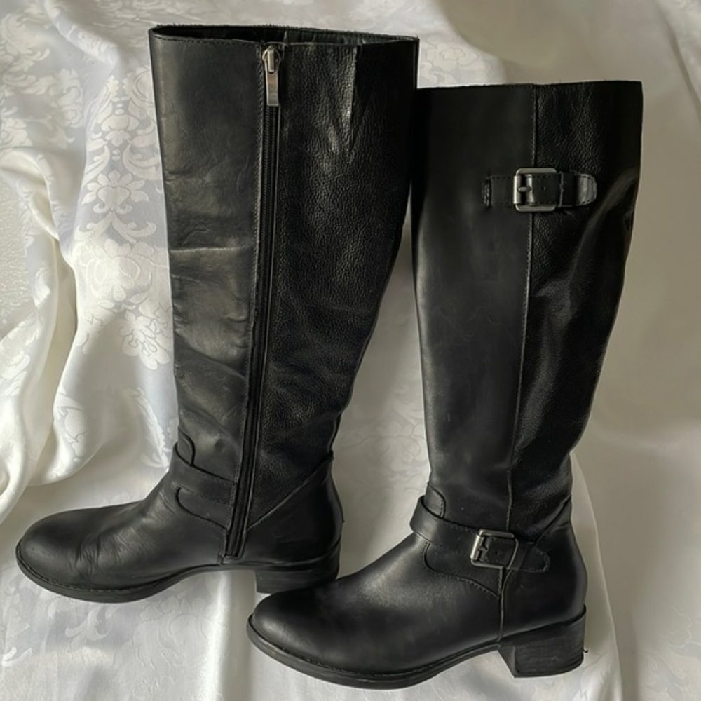 Franco Sarto black leather high boots low heel top elastic side zip Sz 7 12